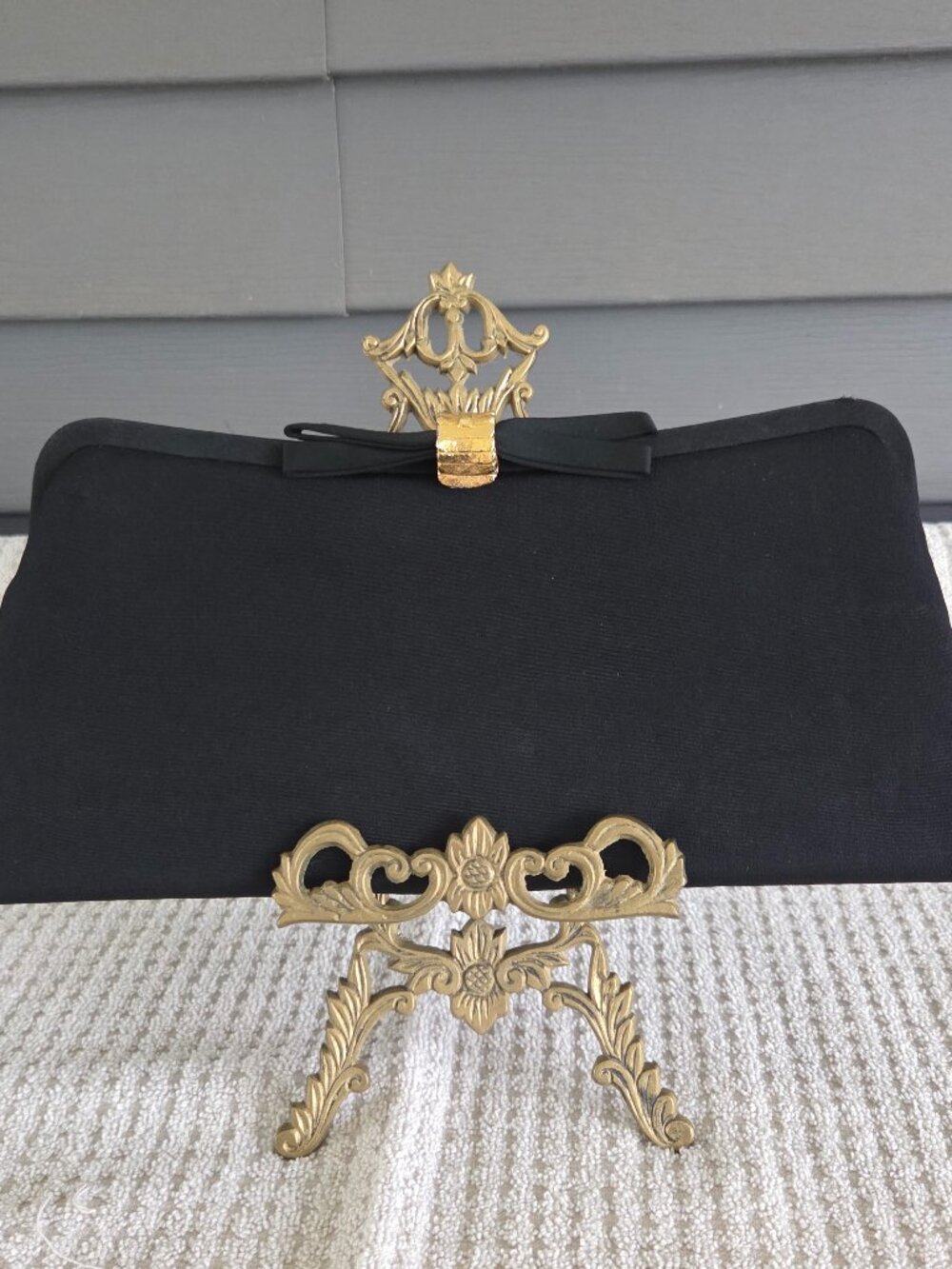 Vintage Black Satin Evening Bag Formal Gold Tone Clasp with Bow Hidden Chain